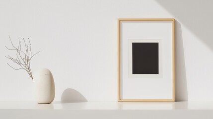 Poster - Minimalist Gold Frame Displaying Black and White Artwork on a Clean Surface with Natural Light Highlights