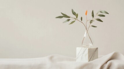 Poster - Minimalistic Glass Vase with Single Stem and Leaves Placed on White Fabric Against Soft Neutral Background