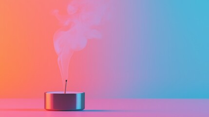 Poster - Modern Metallic Incense Holder with Wisps of Smoke in Soft Pink and Blue Light Background