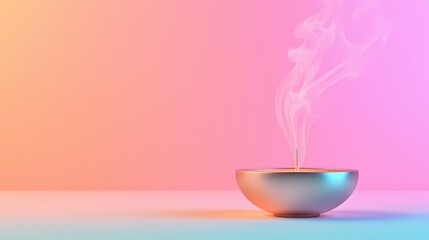 Poster - Modern Metallic Incense Holder with Wisps of Smoke in Soft Pastel Background