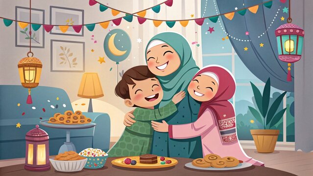 A happy family are praying for eat the food on the ied mubarak