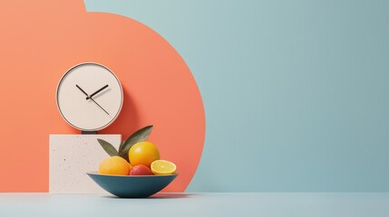Poster - Modern Sculptural Clock Resting Next to a Bowl of Fresh Fruits Against a Minimalist Background