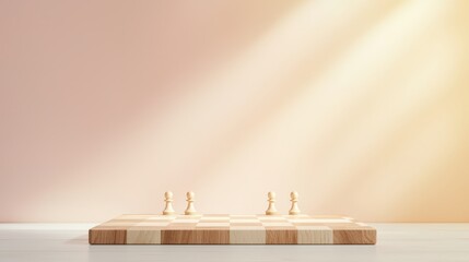 Poster - Modern Minimalistic Wooden Chessboard with Pieces Bathed in Soft Light on a Simple Background
