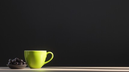 Aufkleber - Bright Neon Green Ceramic Teacup Placed Next to a Bowl of Dark Fruit on a Simple Table in Minimalist Setting
