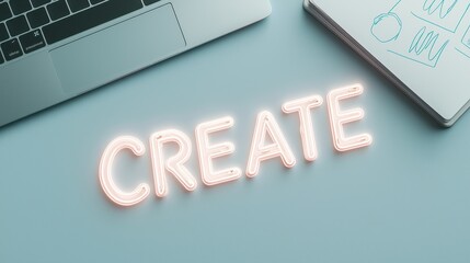 Poster - Stylish Neon Sign Spelling CREATE Next to a Sleek Laptop on a Light Background