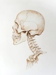 Aufkleber - Detailed anatomical illustration showcasing a skull and cervical vertebrae from the side view in a neutral background. Generative AI