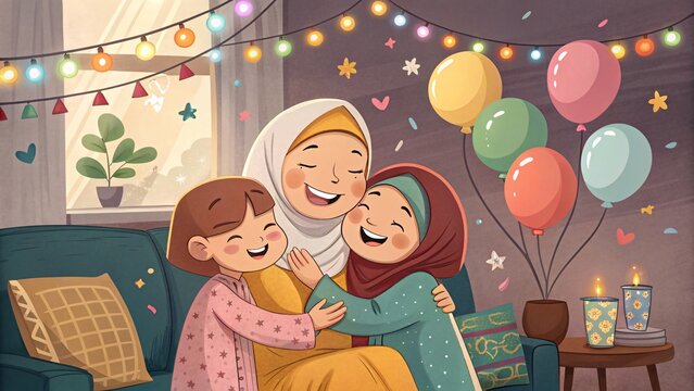 A happy family are praying for eat the food on the ied mubarak