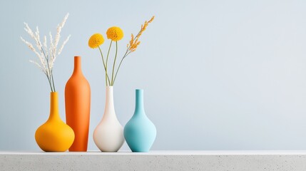 Poster - Bright and Colorful Glass Vases with Dried Flowers on Concrete Surface Against Soft Blue Background