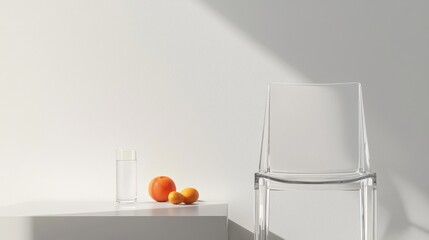 Aufkleber - Simple Transparent Acrylic Chair Next to Minimalist Table with Glass Water and Fresh Fruits in Modern Interior Setting
