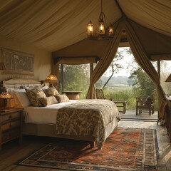 Wall Mural - Luxurious tent accommodation features elegant decor with serene views of African savanna. Concept enhances relaxation and adventure in African savanna setting.