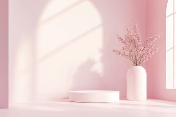 Poster - Soft pink interior with round pedestal and flower vase in bright natural light during the day. Generative AI