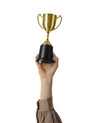 Wall Mural - woman with golden trophy cup on white background, closeup