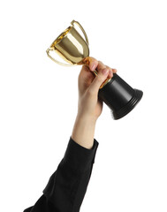 Wall Mural - woman with golden trophy cup on white background, closeup