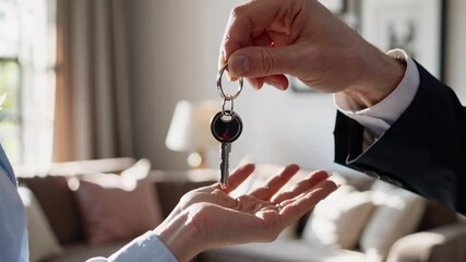 Poster - Slow motion sequence capturing professional real estate agent handing over house keys to new homeowner, symbolizing significant life milestone and property ownership success