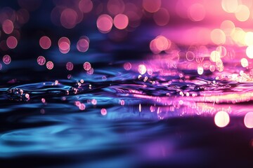 Poster - Enchanting water surface with soft bokeh lights, creating a dreamy and abstract atmosphere in shades of pink, blue and purple, perfect for backgrounds.