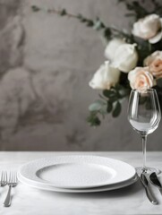Poster - Elegant table setting with fresh flowers and fine dining utensils in a soft, neutral toned environment. Generative AI