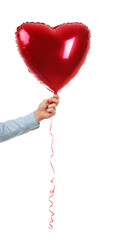 Sticker - Man holding heart-shaped red balloon on white background, closeup. Happy Valentine's day