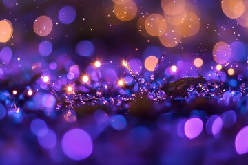 Poster - Abstract background featuring glistening water droplets and bokeh lights in vibrant purple and gold hues, creating a magical and ethereal atmosphere with blurred effects.
