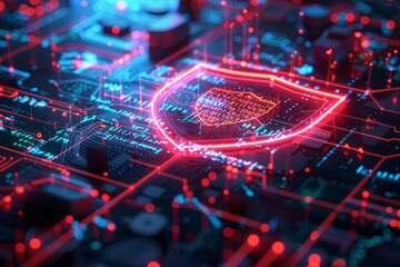 Fototapete - Vibrant digital shield with red and blue highlights over circuit board, symbolizing enhanced cybersecurity and data security in an advanced tech environment.