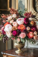 Colorful flower centerpiece with peonies, roses, and astilbe, bringing vibrant life to a classic interior