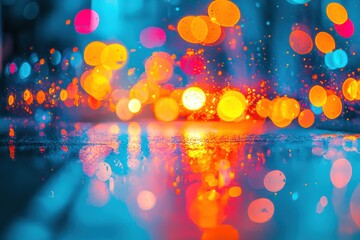 Poster - Vibrant bokeh lights reflecting on wet surface, creating a mesmerizing abstract background, with orange and blue hues, adding a dreamy atmosphere to the image.