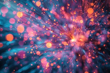 Poster - A mesmerizing abstract background with glowing fiber optics emanating from a central point, surrounded by soft bokeh circles in vibrant shades of orange and teal.
