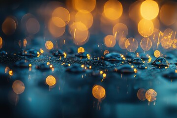 Poster - Abstract view of water droplets reflecting golden bokeh on dark blue, creating a magical, dreamy effect with a touch of modern elegance and minimalist style.