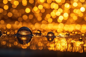 Poster - macro photography capturing golden bokeh reflections in water droplets, producing an ethereal and dr