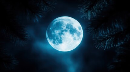 Wall Mural - This enchanting image showcases a large, luminous blue moon peeking through dark, silhouetted tree branches, creating a magical and atmospheric night scene that captivates.