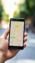 Poster - Tourist navigating unfamiliar urban landscape, using smartphone with online map, tracking location while walking city streets in slow motion