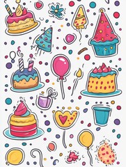 Poster - Celebrate with colorful festive stickers featuring balloons, cakes, and party decorations for a joyful occasion. Generative AI