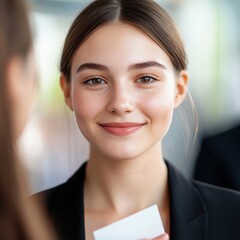 Canvas Print - Young businesswoman smiling in a suit holding card