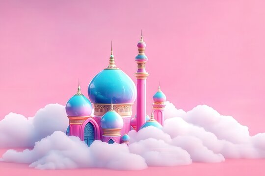 surreal digital art of a floating island mosque with cotton candy textures and playful vibes