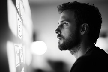 Wall Mural - man in deep thought looking at wall