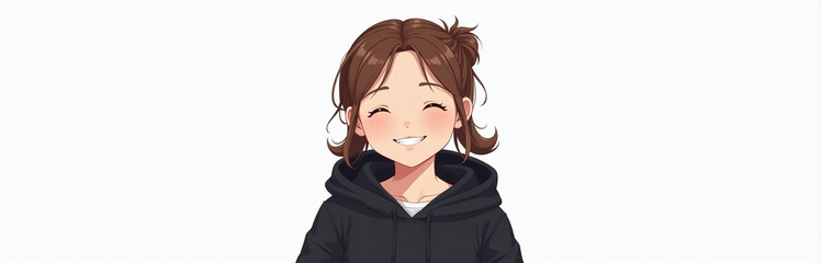 Poster - Young Girl With Bright Smile Is Seen In A Black Hoodie Against A Clean White Background In An Isolated Setting. 00001