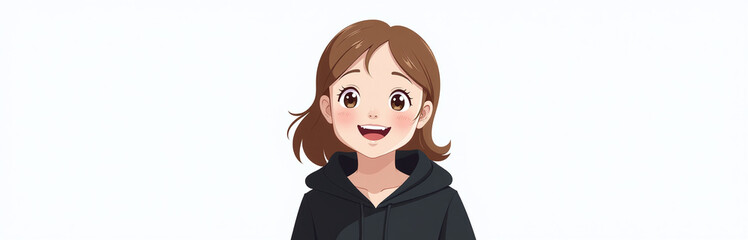 Poster - Young Girl With Bright Smile Is Seen In A Black Hoodie Against A Clean White Background In An Isolated Setting. 00002