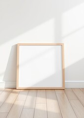 Minimalist and clean horizontal wooden poster or photo frame mockup on the floor leaning against the room wall with shadow wall art mockup interior wall frame mockup art home empty modern decoration p