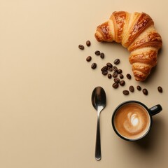 Aufkleber - Delicious coffee and croissant flat lay on a beige background during a relaxing breakfast moment. Generative AI