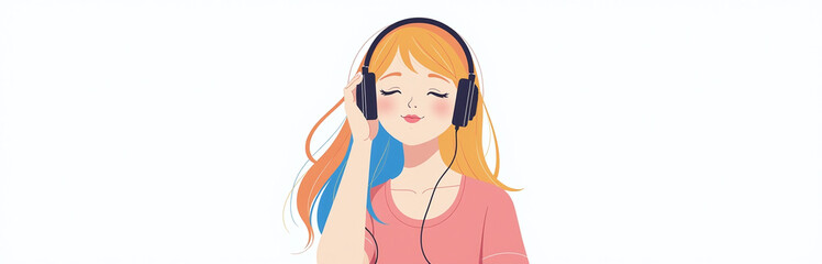 Poster - Young Woman With Bright, Colorful Hair Wears Headphones, Relaxing To Music, Isolated On A Plain White Background. 00002