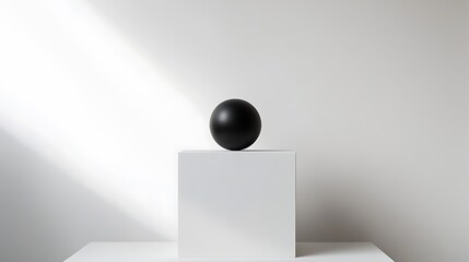 Canvas Print - Black sphere on white cube, minimalist studio shot.