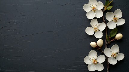 Wall Mural - Spring blossoms on dark stone background; design element