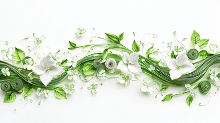 Wall Mural - Spring floral wave design, white flowers, green leaves, white background, website banner