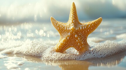 Wall Mural - Starfish on beach, ocean waves, sunny day, summer vacation