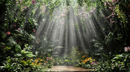 Poster - Sunbeams in lush tropical jungle; wooden path; nature backdrop; website design