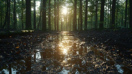 Sticker - Sunlit forest path, muddy puddles, tranquil scene, nature background