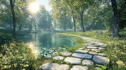 Sticker - Sunny park path by lake, morning mist, nature