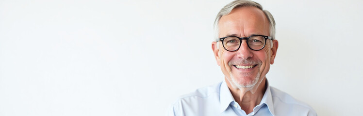 Poster - A Mature Man With Glasses Is Smiling In A Simple Portrait Set Against A Plain White Backdrop. 00002