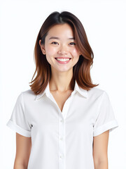 Aufkleber - A Portrait Of A Smiling Woman Wearing A White Shirt Is Isolated Against A Plain White Background. 00002