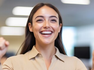 Canvas Print - Happy Woman Celebrating Success in the Office