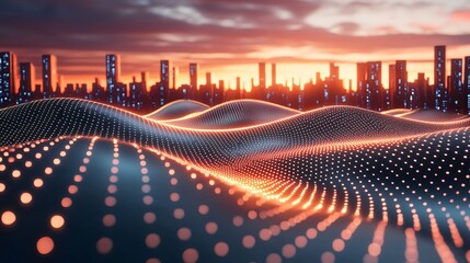 Sunset city skyline over glowing data landscape